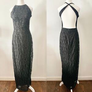 Vtg Black Backless Sequin Beaded Lace Formal Gown Long Prom Cocktail Dress - M